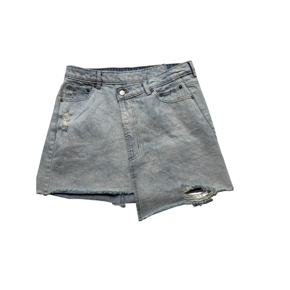 Etophe Studios Asymmetrical Denim Mini  Wrap Skirt Distressed‎ Blue Large #634
